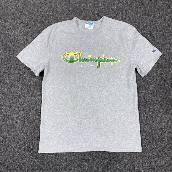 Champion T Shirt Graffiti Script Logo Y2K Gray S/S T-Shirt Made USA Size Large - Picture 1 of 6